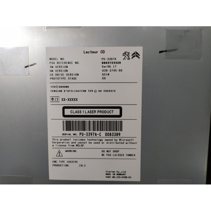 LETTORE CARICATORE CD ORIGINALE SISTEMA AUDIO STEREO PEUGEOT 208 (2012\2019) 