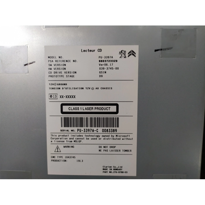 LETTORE CARICATORE CD ORIGINALE SISTEMA AUDIO STEREO PEUGEOT 208 (2012\2019)
